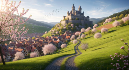 A beautiful landscape featuring a castle atop a hill, a village below, and a winding path. Cherry blossom trees dot the green hillside.の素材