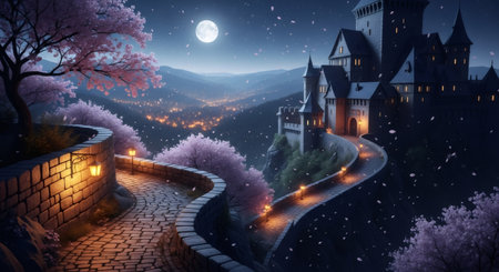 A captivating digital painting of a cobblestone path leading to a castle, illuminated by soft lights and a full moon, surrounded by blooming trees.の素材