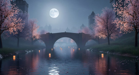A captivating night scene featuring a stone bridge gracefully arching over calm waters, illuminated by a full moon and soft ambient lighting, with cherry blossom trees.の素材