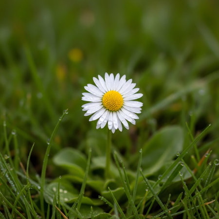 A detailed shot of a single daisy flower with white petals and a yellow center, surrounded by green grass and foliage.の素材
