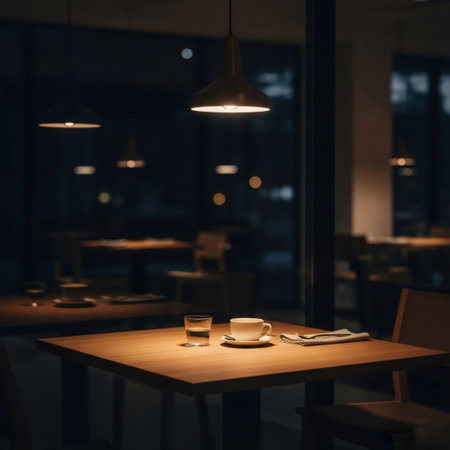 A dimly lit cafe interior at night, featuring a wooden table with a coffee cup, a glass of water, and a newspaper, illuminated by warm pendant lights.の素材