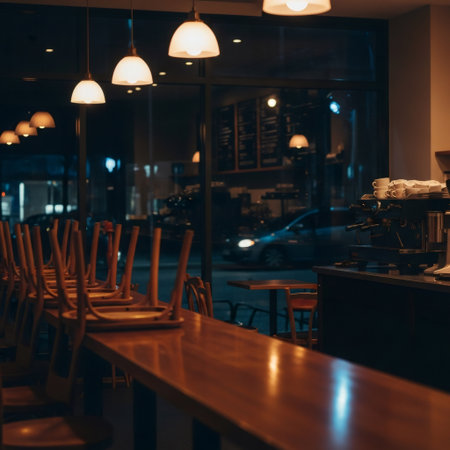 A dark cafe interior with chairs stacked on the table, illuminated by overhead lights, with a view of the street outside.の素材