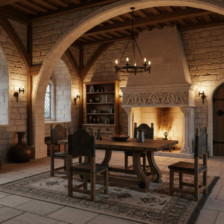 A rustic medieval dining hall featuring a large stone fireplace, wooden table, and chairs, illuminated by warm lighting.の素材