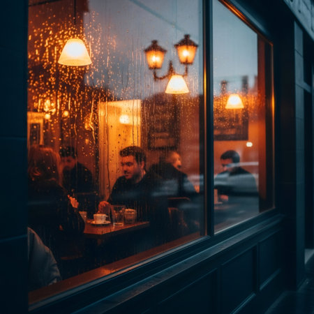 People enjoying drinks inside a warm, inviting cafe, reflected in a window on a rainy evening.の素材