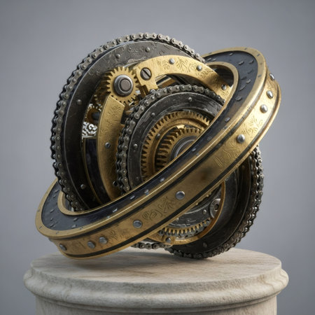 A complex mechanical sphere with interlocking gears and metallic rings, presented on a pedestal, evoking a steampunk aesthetic.の素材