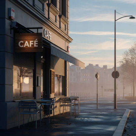 A charming cafe storefront with a lit CAFE sign, bathed in the warm glow of morning sun, on a foggy street.の素材