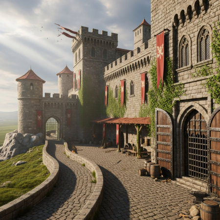 A detailed depiction of a medieval castle featuring stone architecture, towers, and a winding pathway leading to the entrance. Banners and greenery add to the scene.の素材