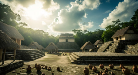 A breathtaking view of an ancient Mayan village, bathed in sunlight, with stone pyramids and traditional huts.の素材
