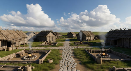 A realistic 3D rendering of a historical village, showcasing traditional wooden dwellings with thatched roofs and visible hearths.の素材