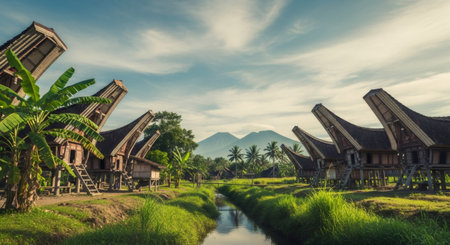 A scenic view of traditional Torajan houses with distinctive boat-shaped roofs, set against a backdrop of lush greenery and distant mountains.の素材