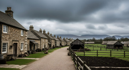 A row of traditional stone cottages with manicured lawns leads down a village lane, with rural fields and distant hills under a cloudy sky.の素材
