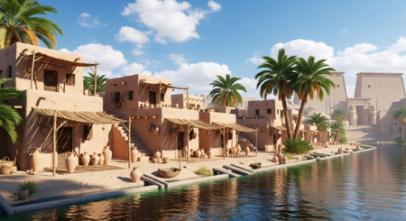 A vibrant depiction of an ancient Egyptian village situated along the Nile River, featuring traditional mud-brick houses, lush palm trees, and distant temple structures.の素材