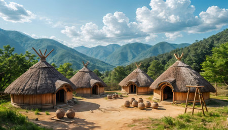A scenic view of a traditional village with unique thatched roof huts, set against a backdrop of majestic green mountains and a vibrant sky.の素材