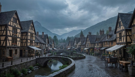 A picturesque medieval village with timber-framed houses lining a canal, leading to a stone bridge, with mountains in the background under a dramatic, cloudy sky.の素材