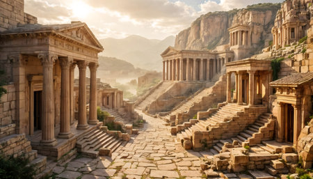 A breathtaking view of ancient ruins nestled within a majestic mountain range, bathed in the warm glow of the sun.の素材