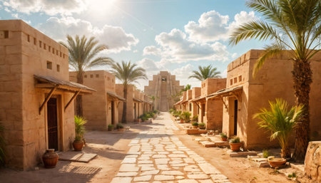 A sun-drenched street in an ancient desert city, lined with traditional stone buildings and tall palm trees, leading towards a central structure.の素材