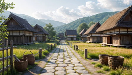 A picturesque view of a traditional Japanese village featuring houses with thatched roofs and a stone-paved path leading through the settlement.の素材