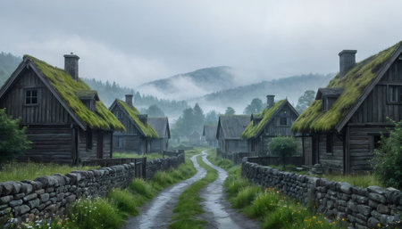 A picturesque, old village with traditional wooden houses featuring moss-covered roofs, nestled in a valley with misty mountains in the background.の素材