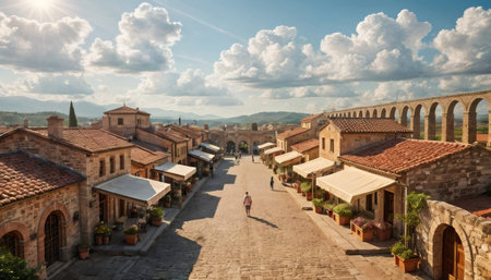 A picturesque view of a sun-drenched street in a Tuscan village, featuring traditional architecture, awnings, and a distant aqueduct.の素材