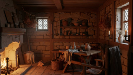 A warm and inviting rustic medieval kitchen interior, featuring a crackling fireplace, wooden table, and shelves filled with pottery.の素材