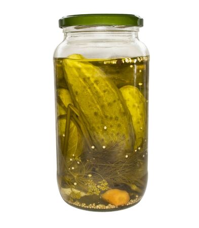 Glass jar with cucumber isolated on whiteの写真素材