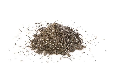 A pile of chia seeds isolated on white background. Healthy food. Perfect heap of spice.の写真素材