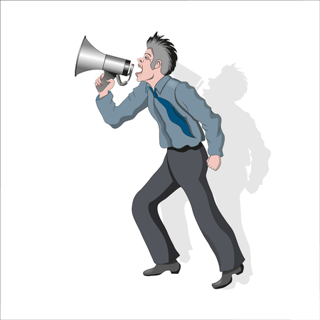 A person notifies people about important information. Shouts into a megaphone. Vector illustration.のイラスト素材