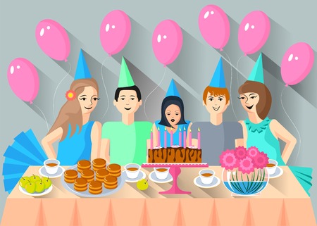 Children came to celebrate the birthday of their friend.のイラスト素材