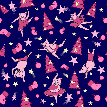 Pigs dancing near the New Year tree. Pattern Vector illustration.のイラスト素材