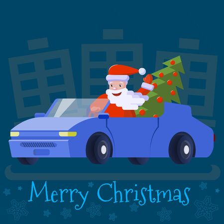 Santa Claus is driving a car with an elegant Christmas tree and waving his handのイラスト素材