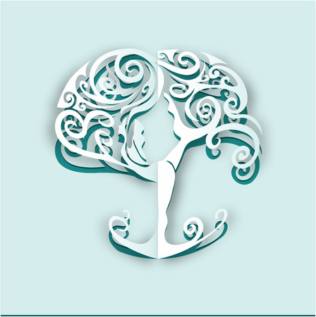 Paper cut out yoga tree. Woman practicing yoga. Woman meditating. Vector illustration.のイラスト素材