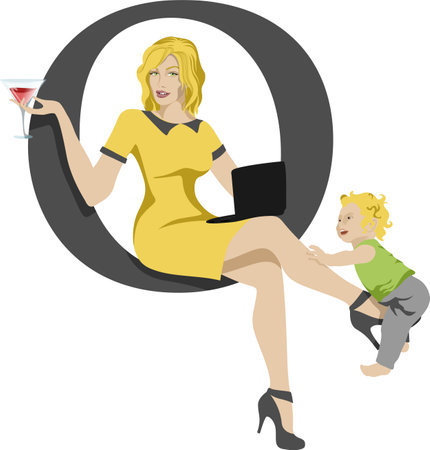 Working mother in yellow dress with baby and laptop. Vector illustration.のイラスト素材