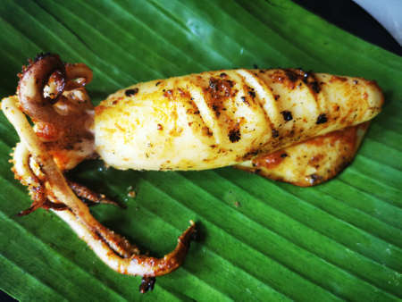 Grilled squid on banana leaf, Thai food. Closeup.