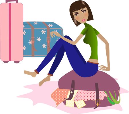 Woman sitting on travel case, two other cases on the background.のイラスト素材