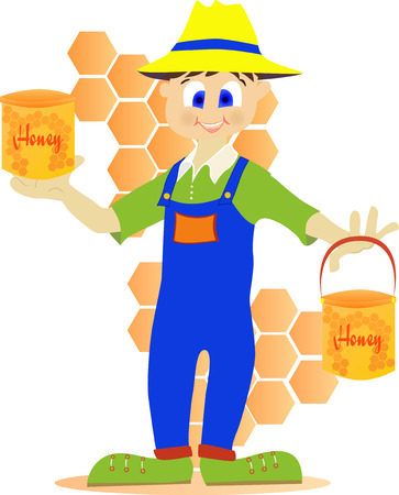 Illustration of a beekeeper showing honey pot.のイラスト素材