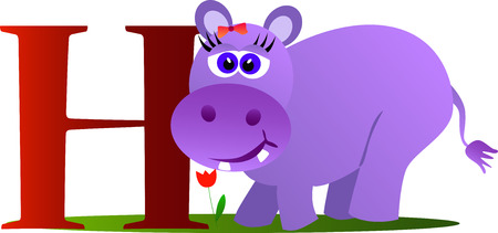 Cute hippopotamus with alphabet letter H isolated on white background.のイラスト素材