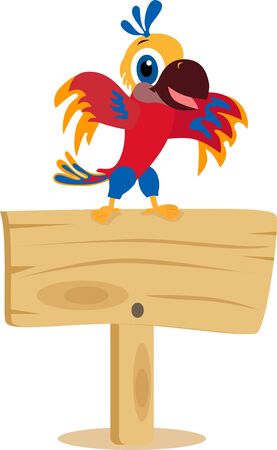 Cartoon parrot on a wooden board isolated on white background.のイラスト素材