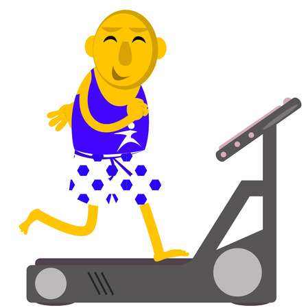 Illustrated cute happy man running on treadmill.のイラスト素材