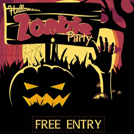 Happy Halloween - holiday poster with zombie party sign, zombie hand and a Jack-o'-lantern.のイラスト素材