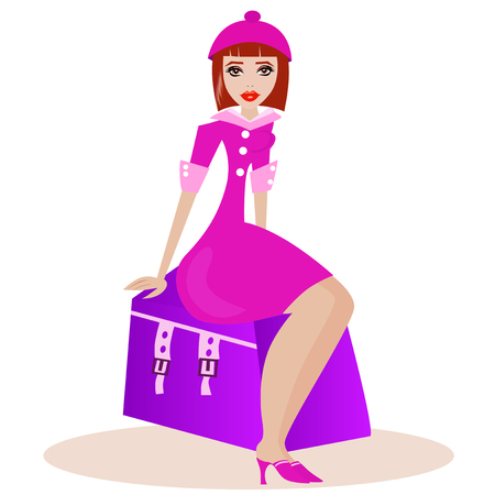 Woman sitting on a travel case isolated on white background.のイラスト素材