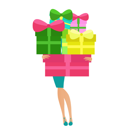 Beautiful woman holding colorful gift boxes on white background.のイラスト素材