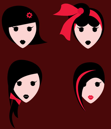 Set of girls with various hair style with accessory on dark red background.のイラスト素材