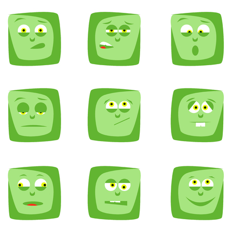 Set of green square faces with expressions.のイラスト素材