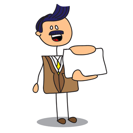 Hand drawn vector doodle businessman showing blank card, isolated on white background.のイラスト素材