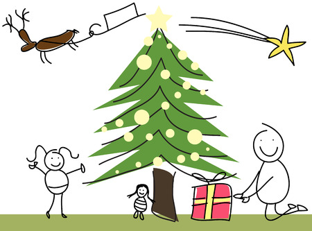 Little girl and boy with christmas tree and gifts.のイラスト素材