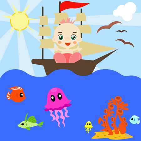 illustration of cute baby boy on the ocean.のイラスト素材