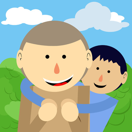 illustrated cartoon boy on his fathers shoulder.のイラスト素材