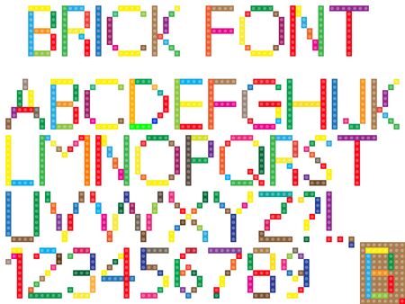 Vector illustrated brick toys font with numbers on white background.のイラスト素材