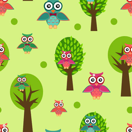 Illustration of a seamless pattern with colorful owls on trees.のイラスト素材