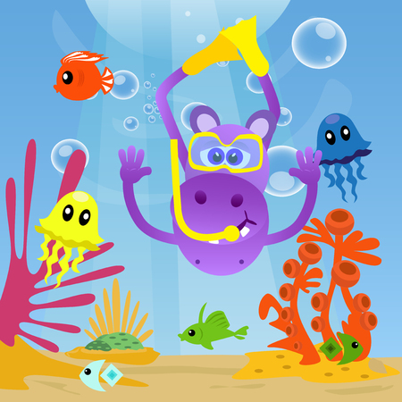 Hippo diving under sea and swimming with fishes.のイラスト素材